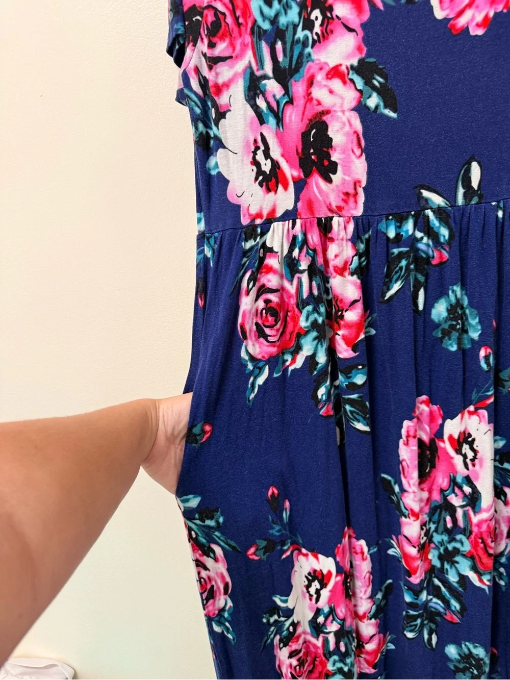 Navy Floral Short-Sleeve Maxi Dress - Pink Rose Print - Picture 3 of 6